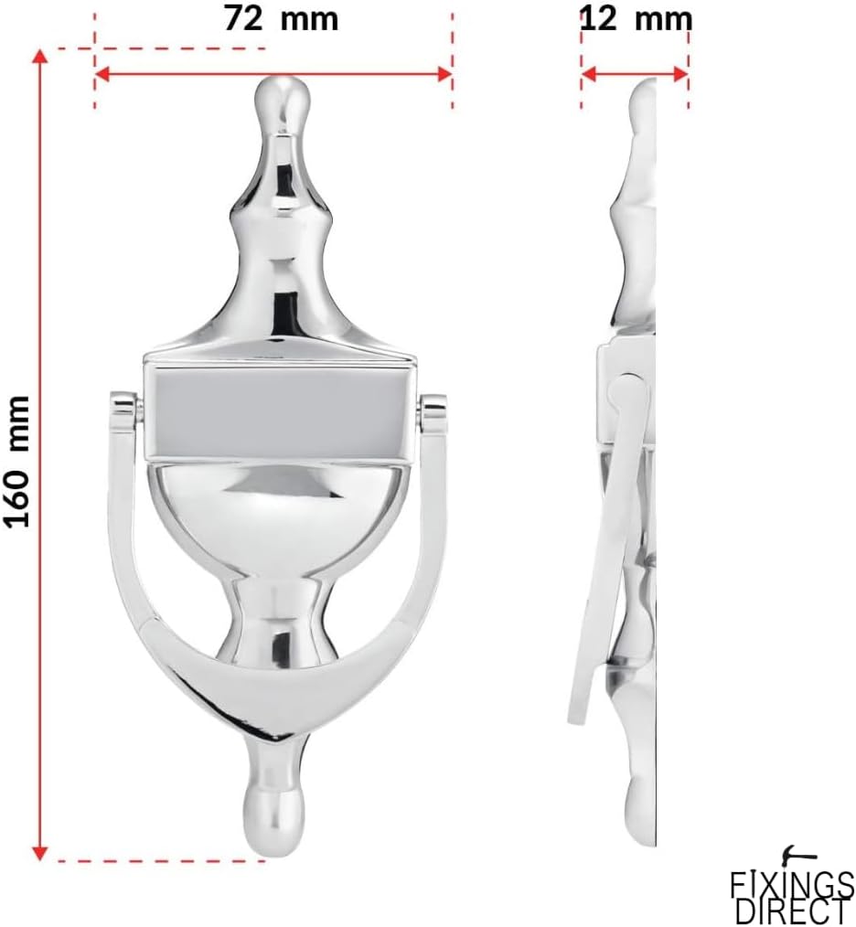 Victorian Urn Door Knocker for Front Door, Classic Design with Universal Fixing or Self-Adhesive Option, Polished Chrome - Image 3