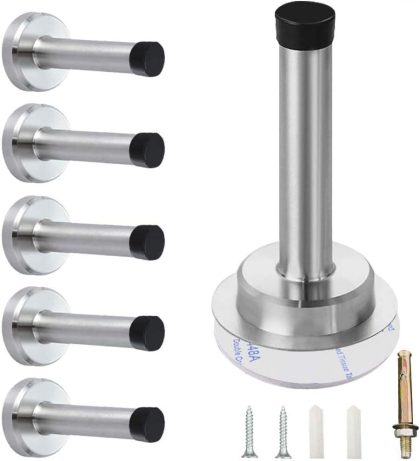 6-Pack Wall Mounted Door Stoppers for Skirtings, Chrome Indoor Heavy Duty Door Stop, Self-Adhesive Stainless Steel Doorstops with Noise Dampening Rubber