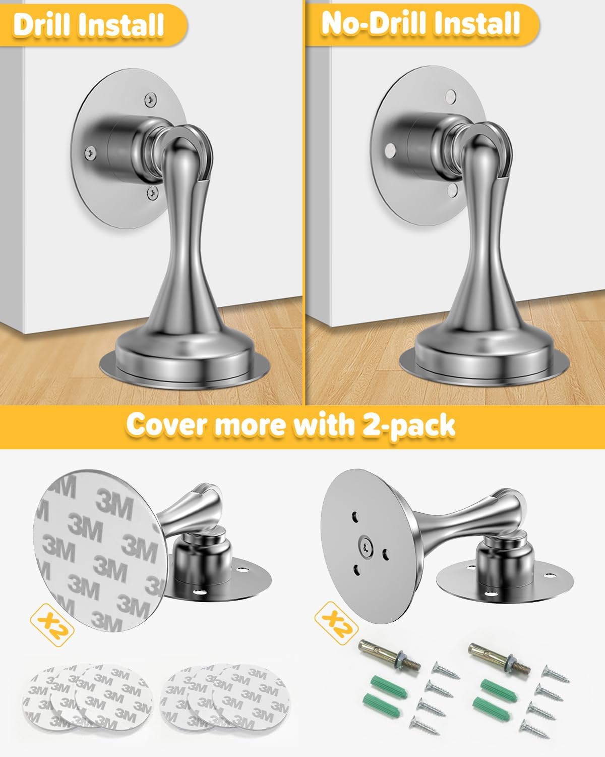 Heavy Duty Magnetic Door Stop, Chrome Finish – Adhesive or Wall Mounted, Floor & Skirting Protector (1 Pack) - Image 4