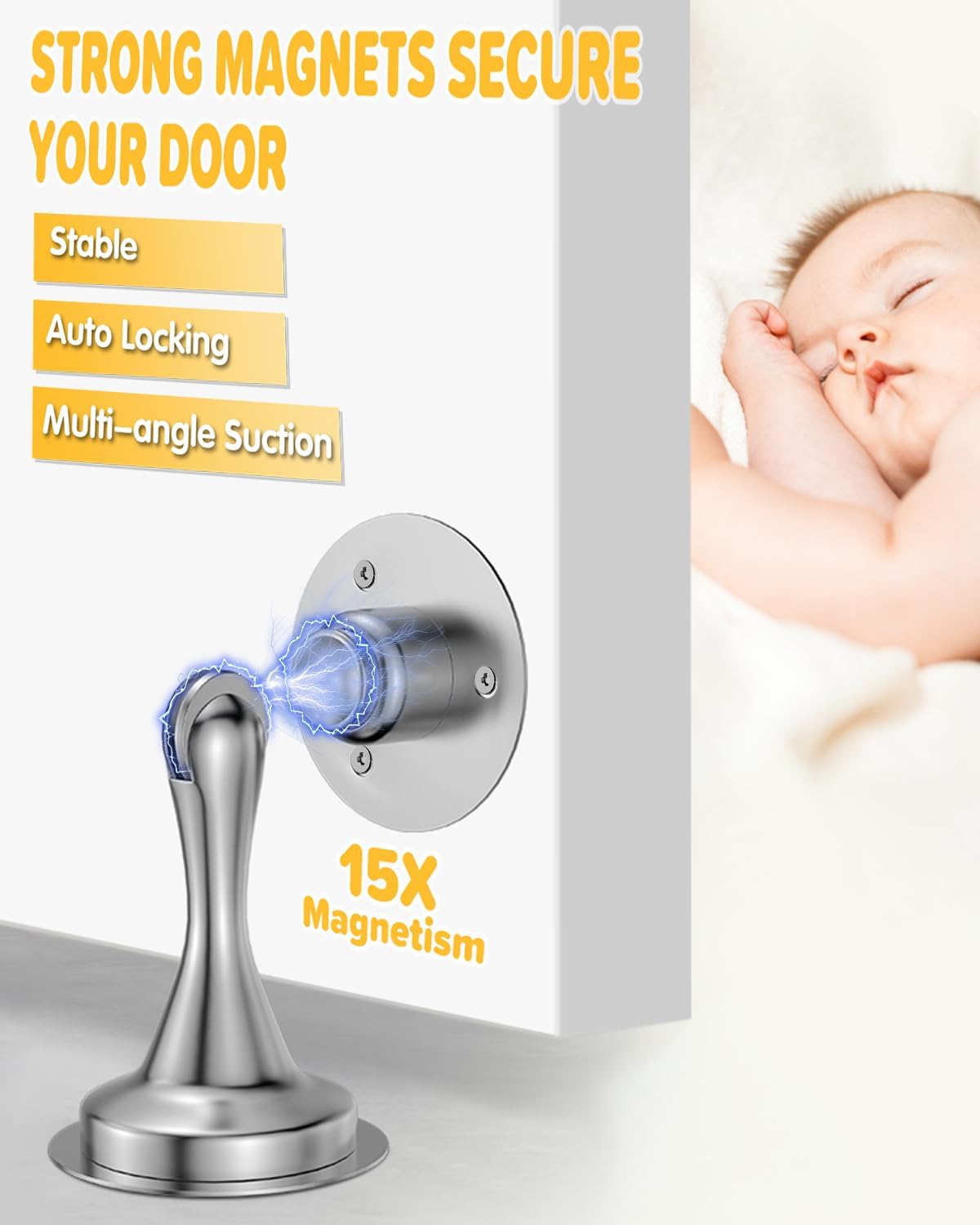 Heavy Duty Magnetic Door Stop, Chrome Finish – Adhesive or Wall Mounted, Floor & Skirting Protector (1 Pack) - Image 2