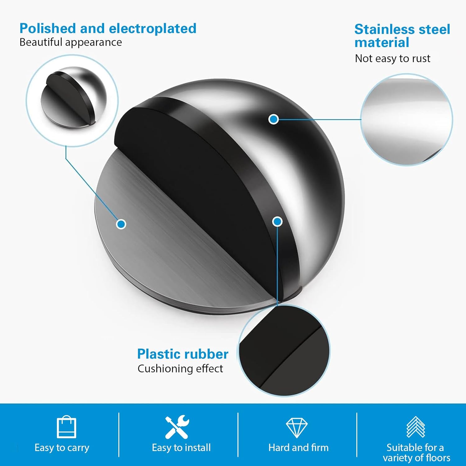 Self-Adhesive Oval Stainless Steel Door Stop, Half Moon Wall Protector with Glue for Hard Floors (Silver, 1 Piece) - Image 2
