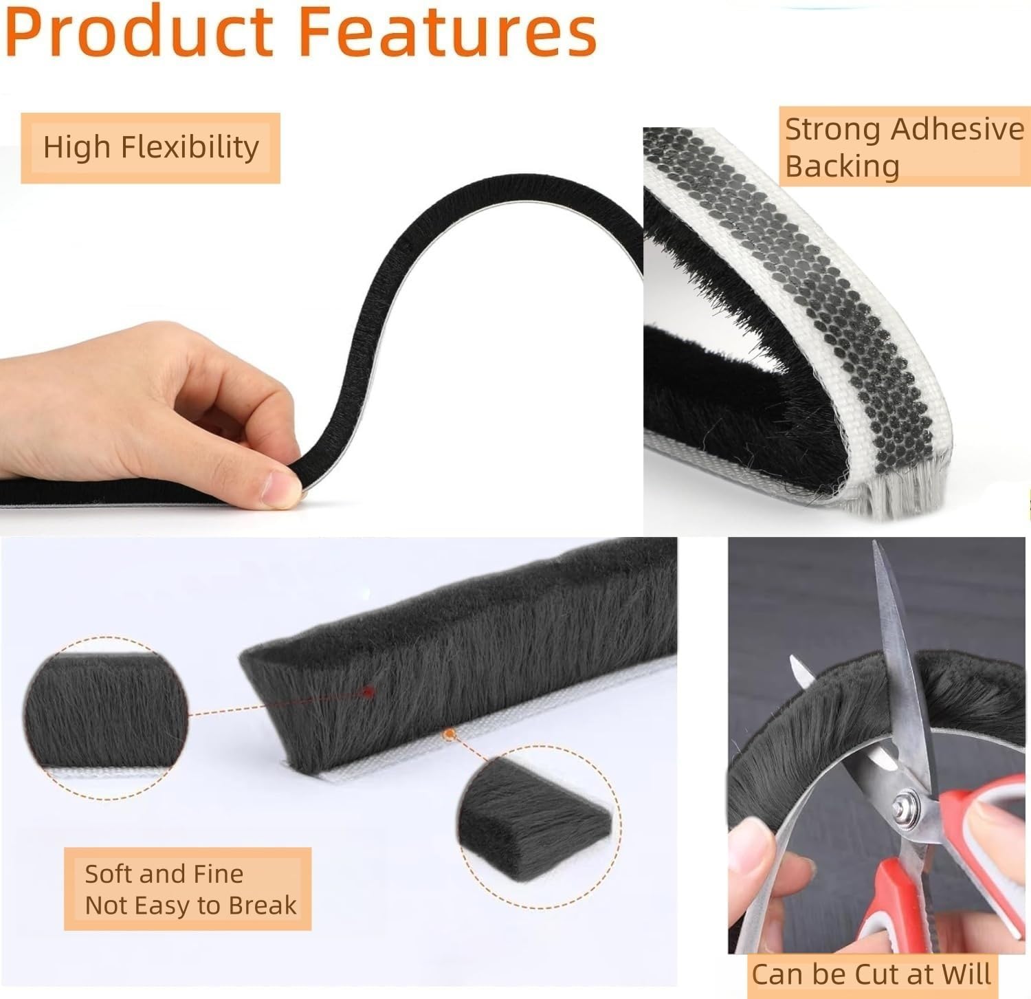 5m Door & Window Draft Excluder, 9mm x 5mm Brush Weather Stripping Tape, Self-Adhesive Black Seal Strip - Image 3