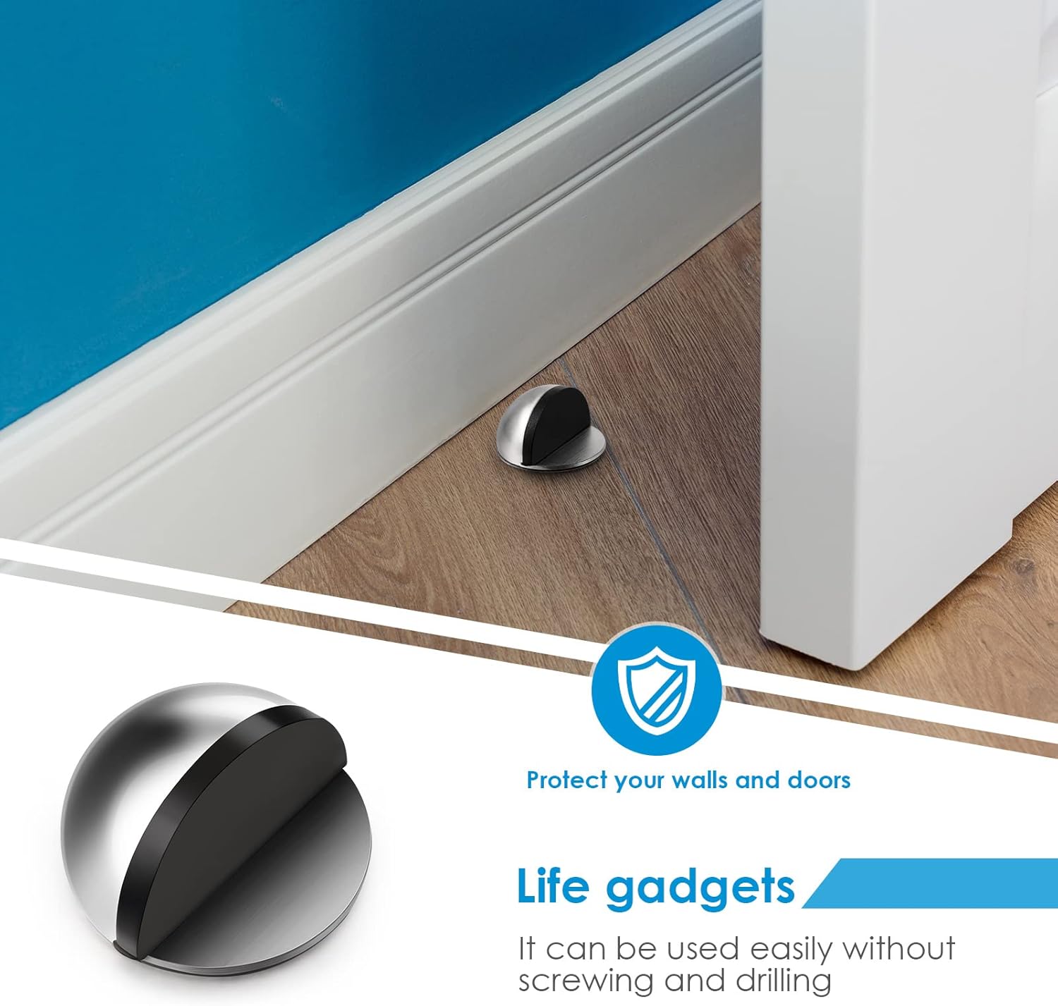 Self-Adhesive Oval Stainless Steel Door Stop, Half Moon Wall Protector with Glue for Hard Floors (Silver, 1 Piece) - Image 3