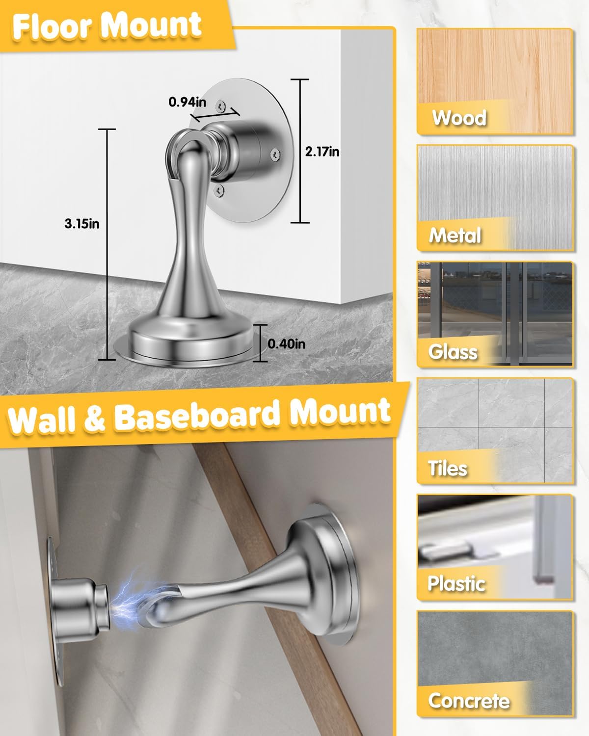 Heavy Duty Magnetic Door Stop, Chrome Finish – Adhesive or Wall Mounted, Floor & Skirting Protector (1 Pack) - Image 3