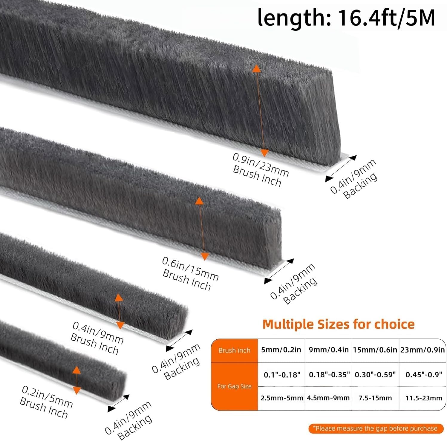 5m Door & Window Draft Excluder, 9mm x 5mm Brush Weather Stripping Tape, Self-Adhesive Black Seal Strip - Image 2